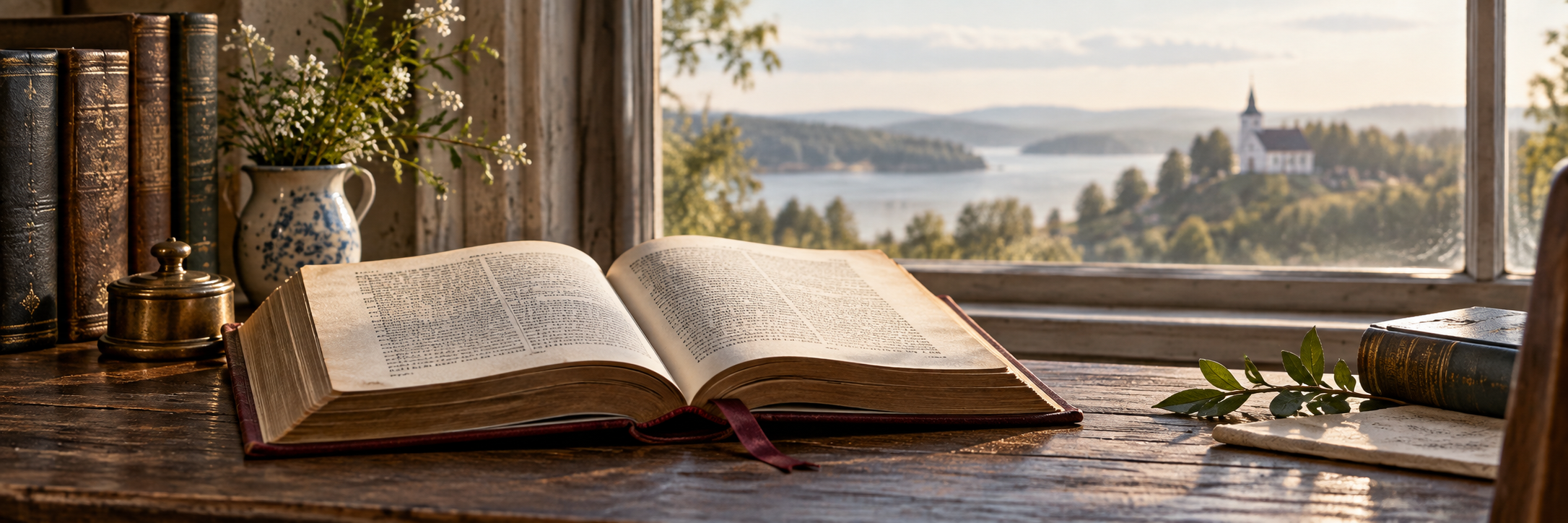 Uppslagen bok med en kyrka i ett ljust landskap